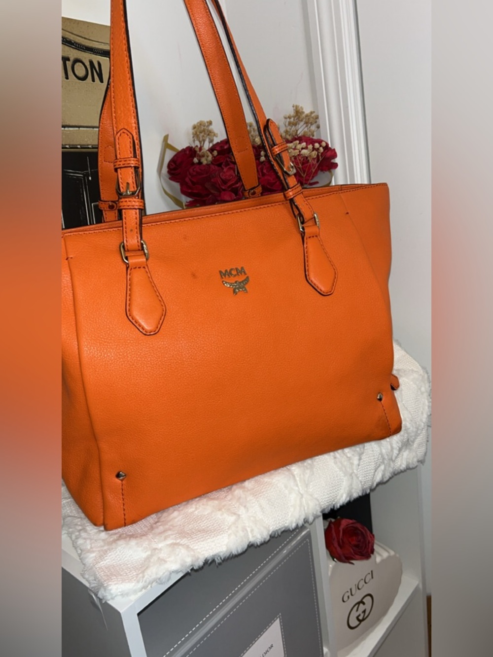 MCM Orange Pebbled Leather Tote with Gold-Tone Logo